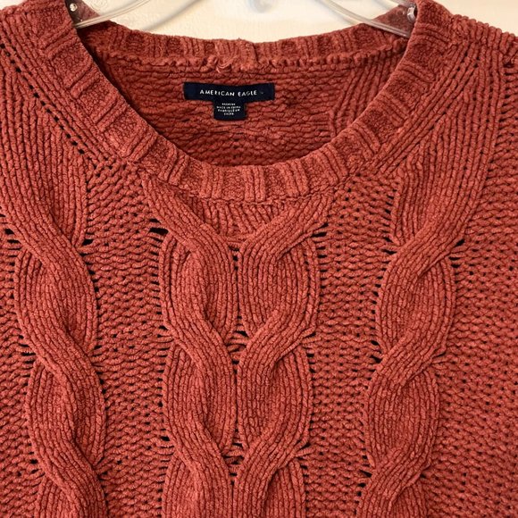 American Eagle Burnt Orange Chunky Chenille Cable Knit Cozy Crew Sweater Size M - Picture 9 of 10